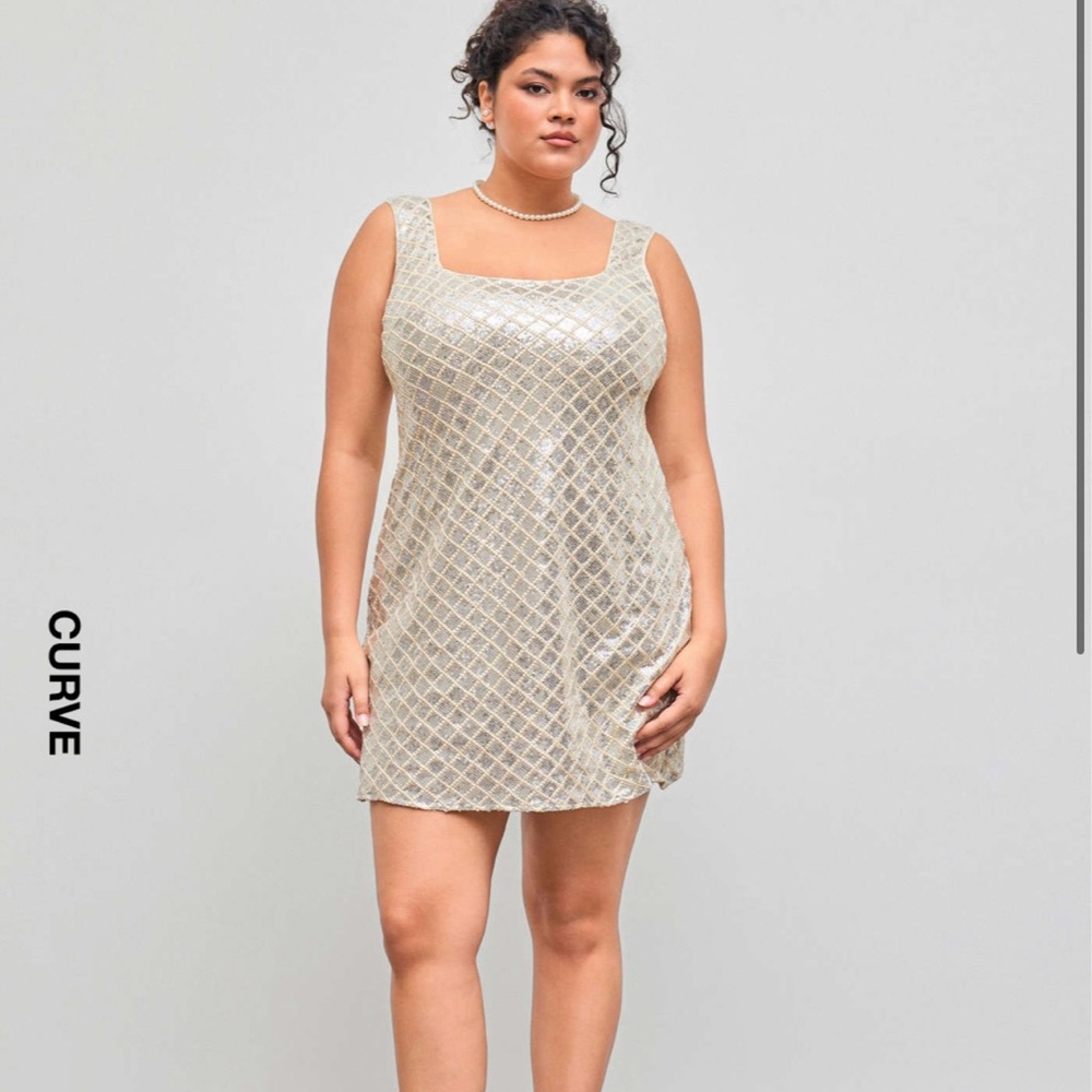 Sequin Square Neck Geometric Mini Cami Dress Curve & Plus